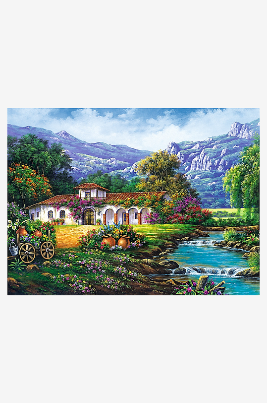 田园风光画中的房屋与溪流-众图网