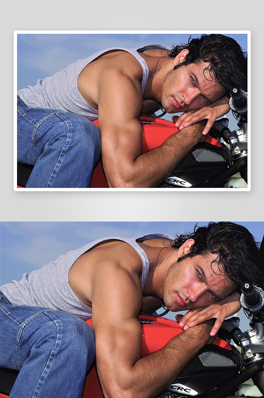 男子倚靠摩托车休憩-众图网