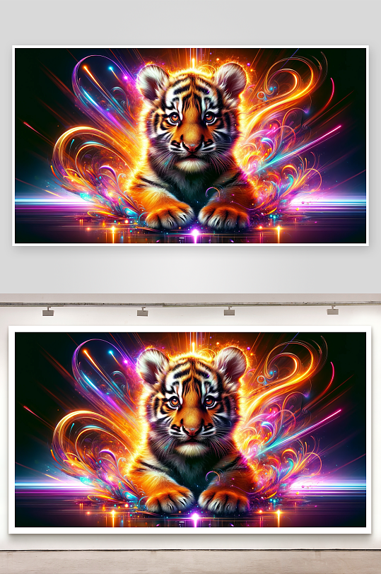 炫彩光芒中的老虎幼崽-众图网