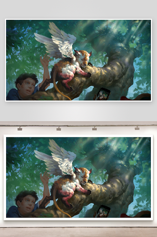 男孩与树上飞兽的奇幻邂逅-众图网