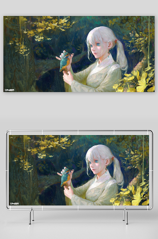白发少女与森林小鸟的静谧画面-众图网