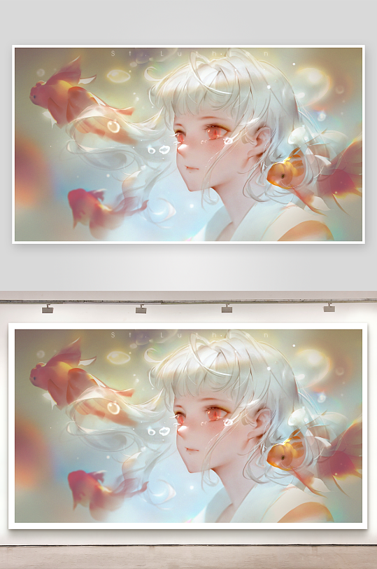 白发少女与金鱼的梦幻画面-众图网