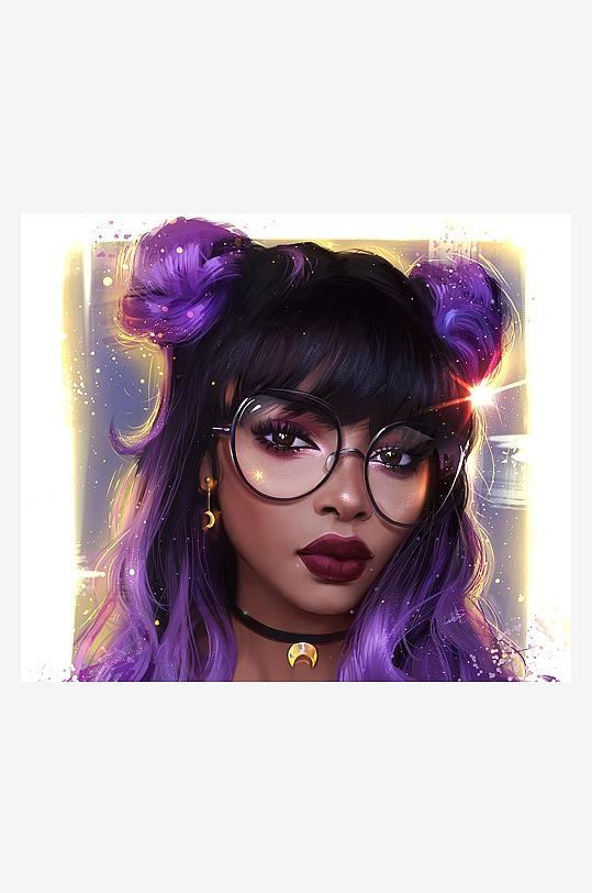 炫彩双丸子头戴眼镜的女性肖像-众图网