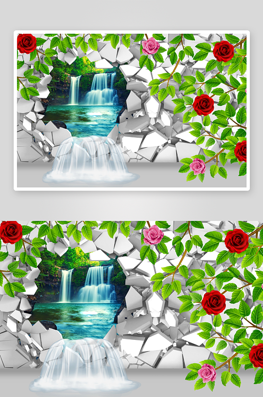 破碎墙面瀑布绿植美景-众图网