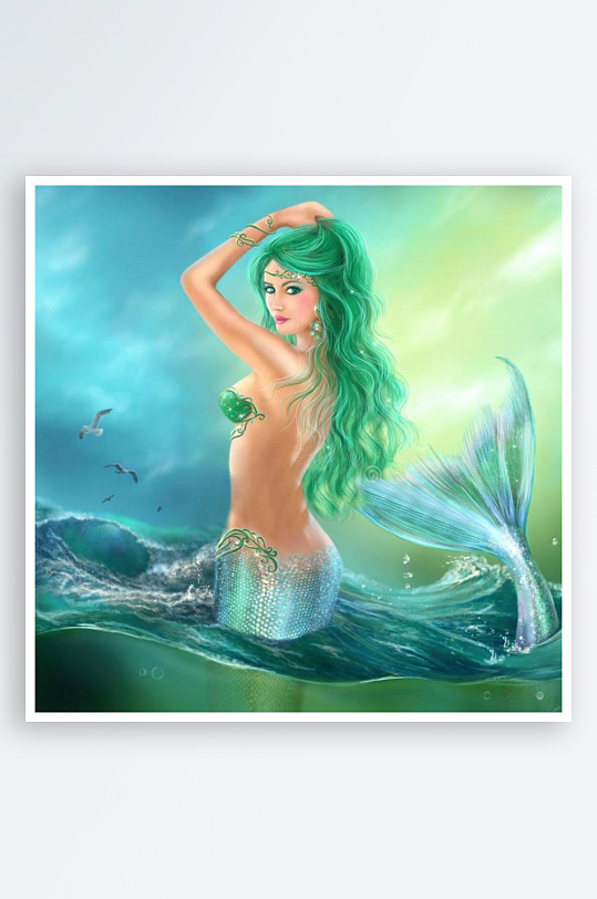 碧海绿发美人鱼优雅伫立-众图网