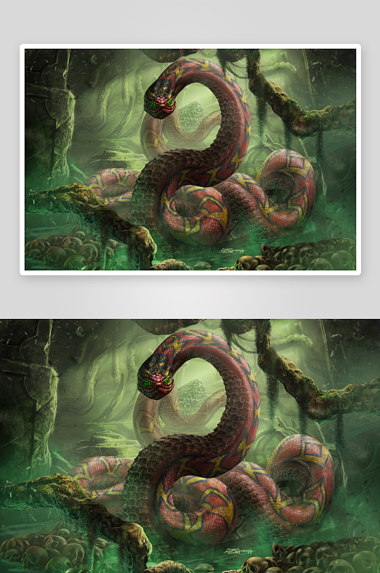 神秘丛林巨蛇盘踞骷髅堆-众图网