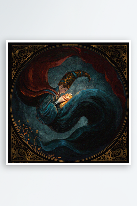 神秘人物怀抱发光物体的艺术画-众图网