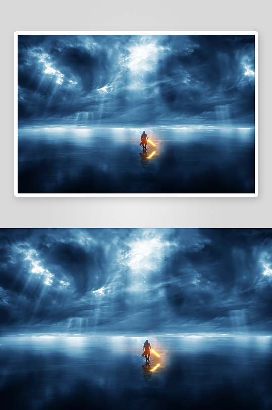 神秘光束下的人影与水面倒影-众图网