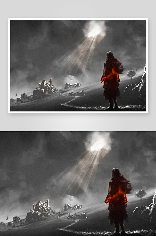 神秘光芒下的废墟与行者-众图网