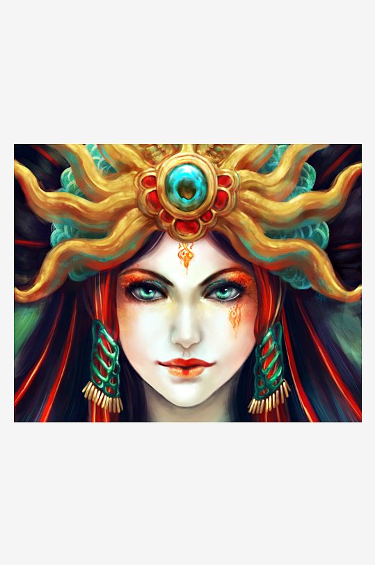 神秘华丽头饰女性肖像画-众图网