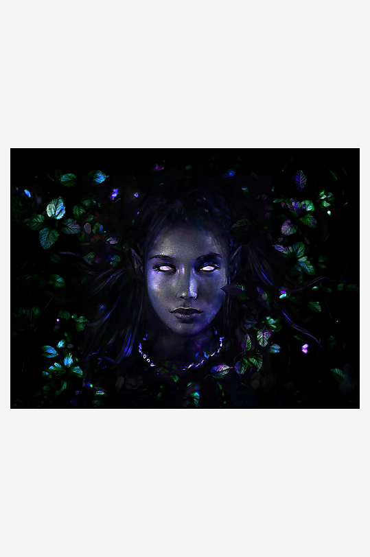 神秘发光女子置身绿叶环绕-众图网