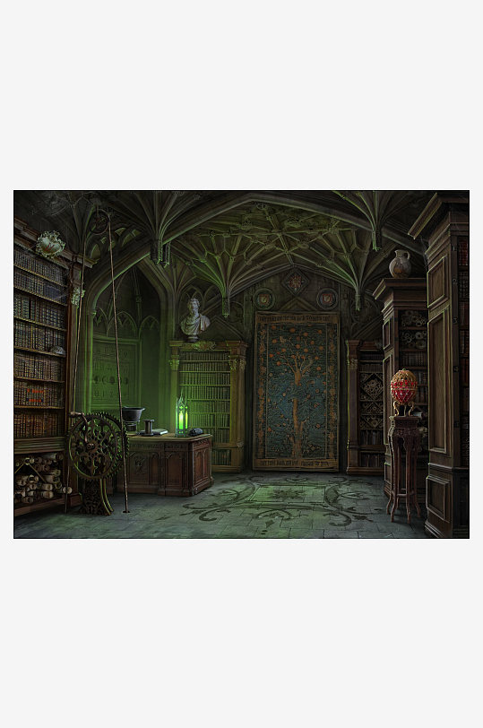 神秘古堡书房内部景象-众图网