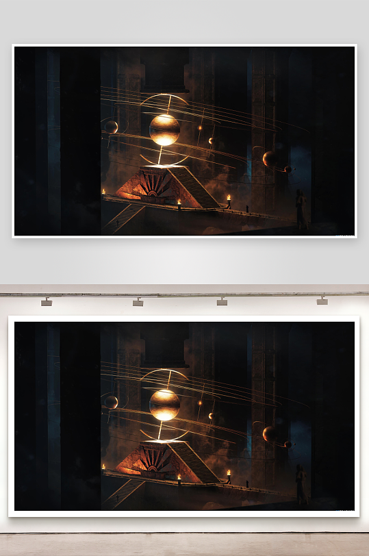 神秘古塔中的发光球体装置-众图网