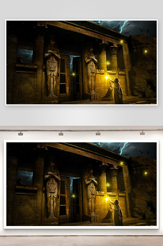 神秘古庙夜景雕像与持灯人-众图网