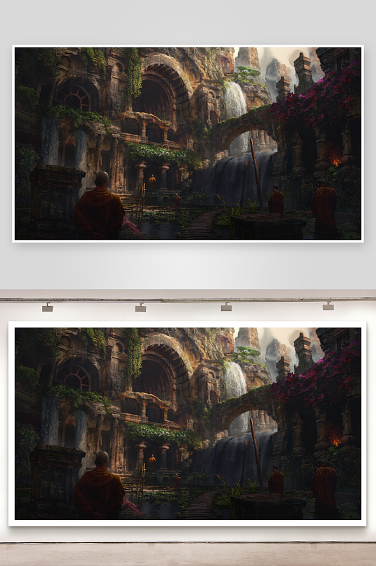 神秘古建筑与瀑布景观-众图网