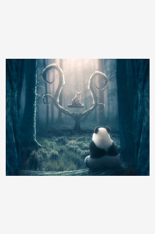 熊猫凝视森林中的老虎秋千-众图网