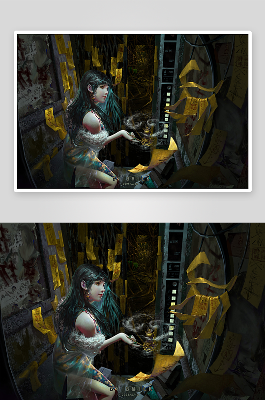 神秘女子在符纸环绕的电梯中-众图网