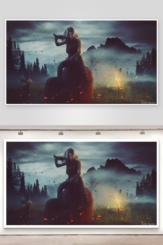 神秘女子夜景山林持枪而坐-众图网