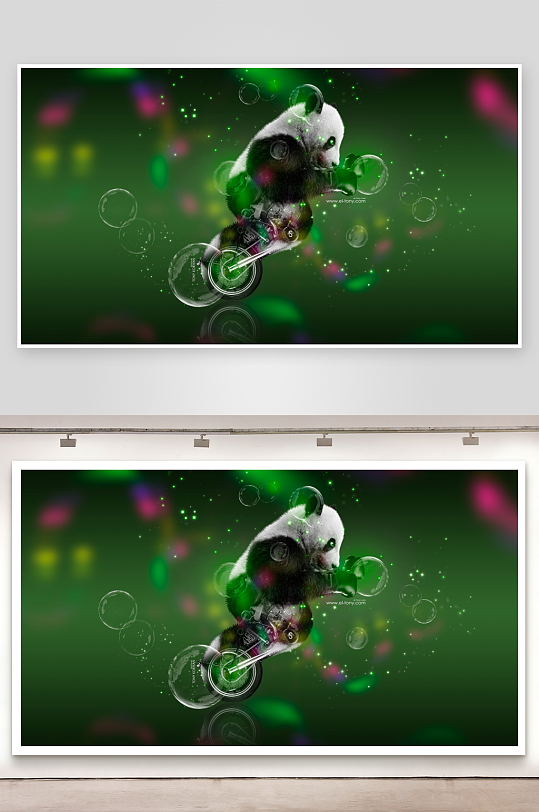 熊猫骑车吹泡泡奇幻场景-众图网