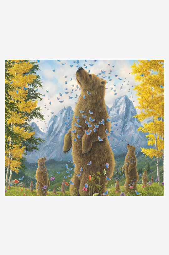 熊群仰望蝴蝶飞舞的山林-众图网