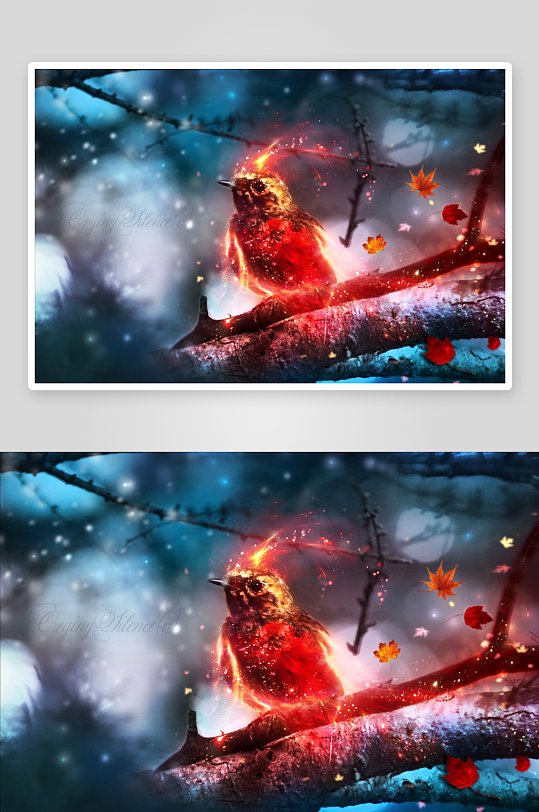 燃烧小鸟栖息树枝梦幻夜景-众图网