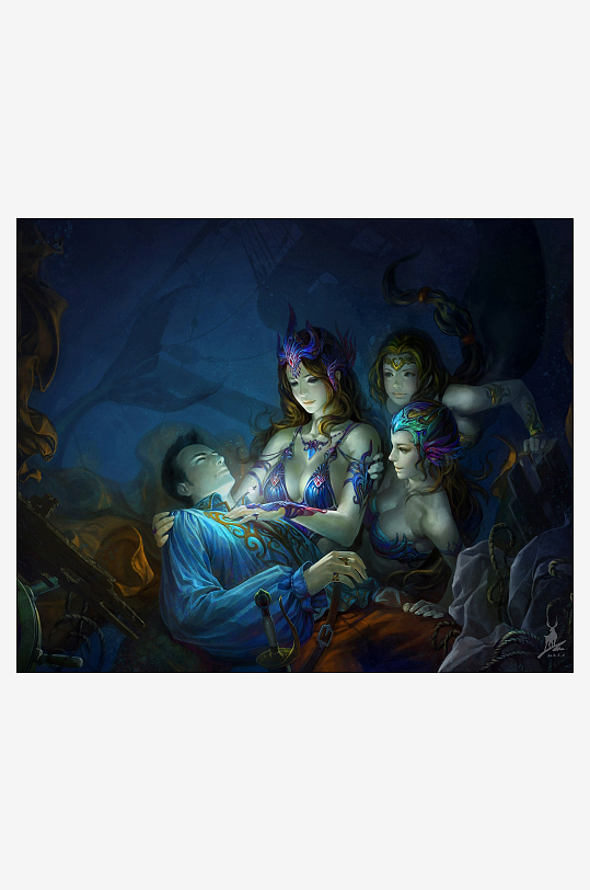 神秘女子守护沉睡男子奇幻场景-众图网