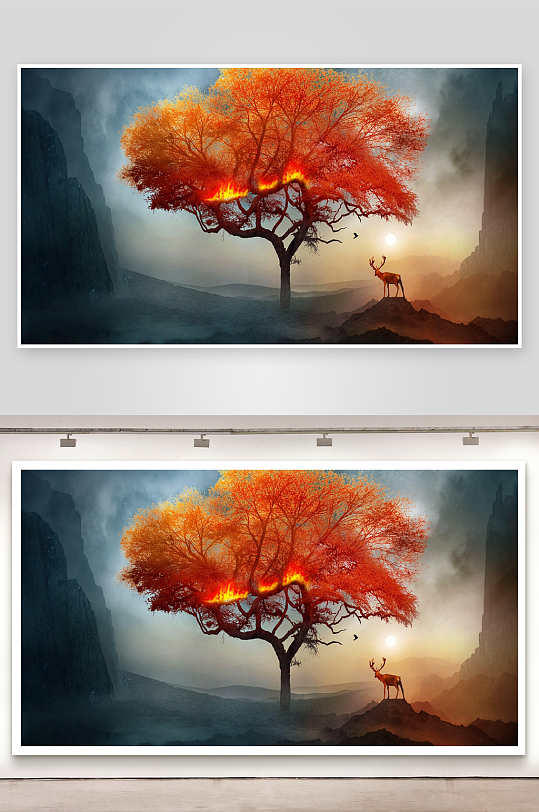 燃烧巨树与孤鹿夜景-众图网