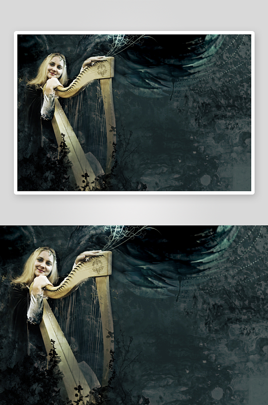 神秘女子弹奏竖琴的奇幻场景-众图网