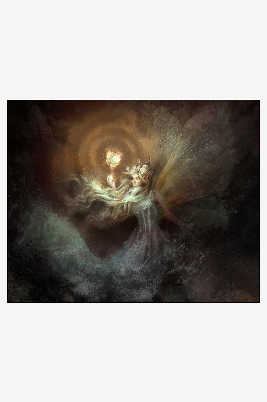 神秘女子手持光球的奇幻艺术画-众图网