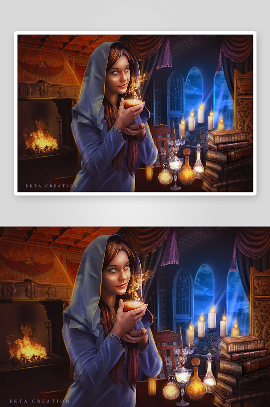 神秘女子手持发光杯盏-众图网