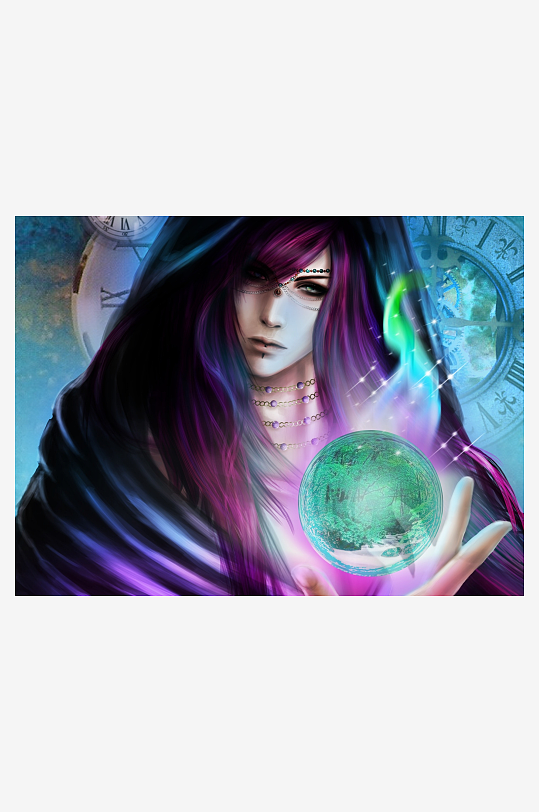 神秘女子手持森林水晶球-众图网