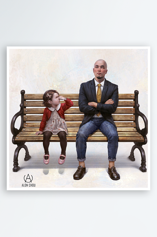 父女同坐长椅温馨瞬间-众图网