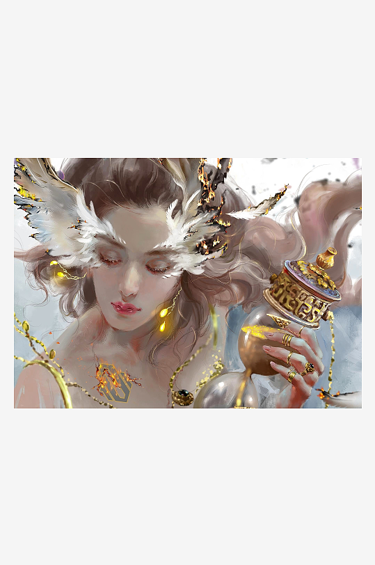 神秘女子手持沙漏的艺术插画-众图网