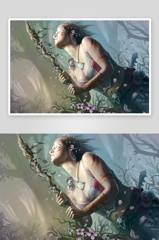 神秘女子手持花杖置身奇幻森林-众图网