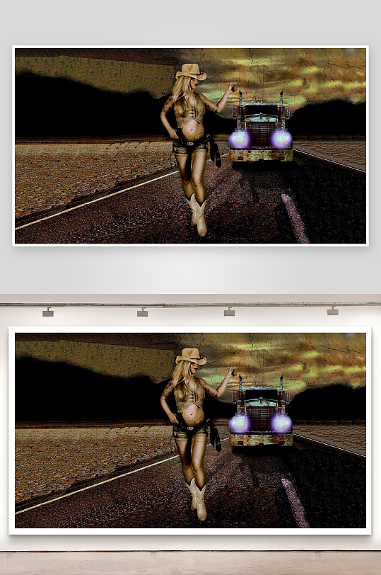 牛仔女子与卡车公路场景-众图网