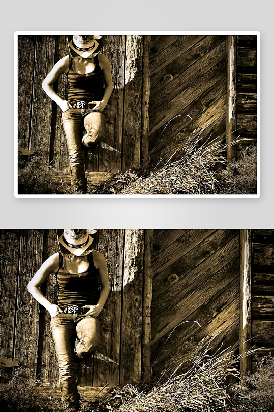 牛仔风格女子倚靠木墙-众图网
