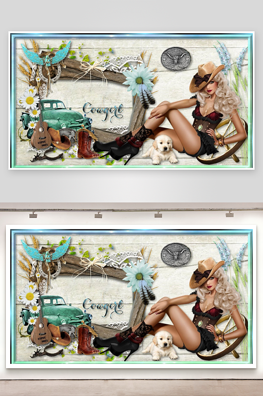 牛仔风格拼贴画女性与小狗-众图网