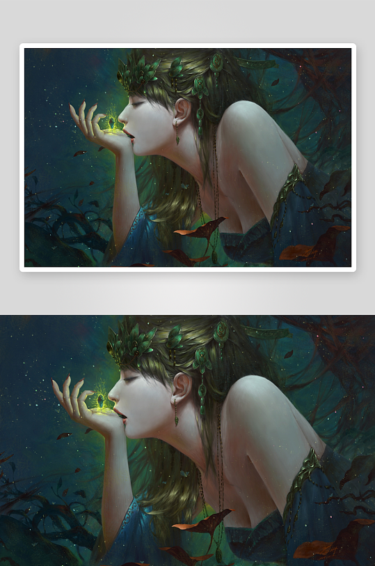 神秘女子手捧萤火虫夜景画-众图网