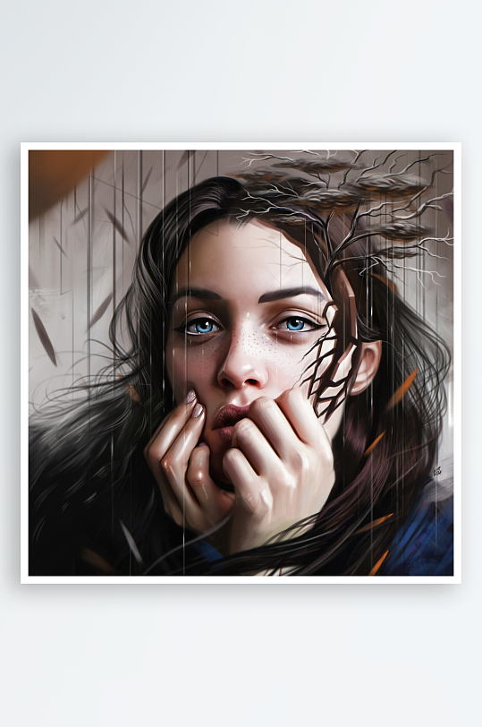 神秘女子手掩唇边艺术画-众图网