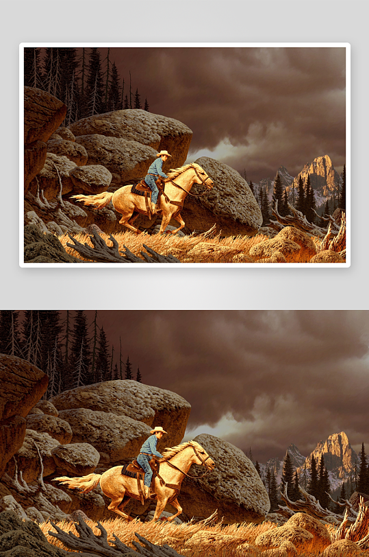 牛仔骑马穿越山石景观-众图网