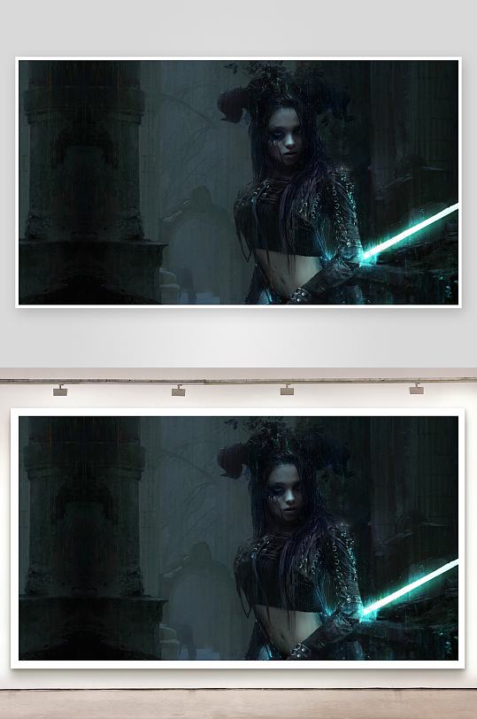 神秘女子持光剑伫立古殿-众图网