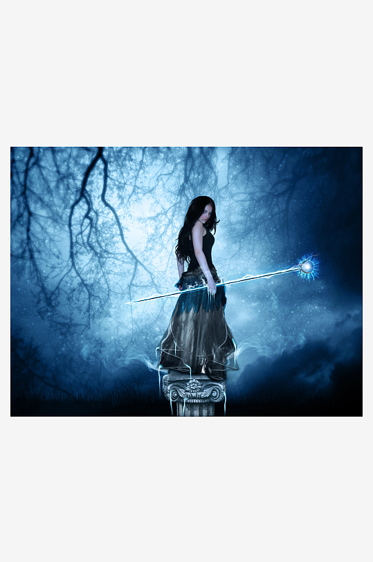 神秘女子持光杖立于石柱-众图网