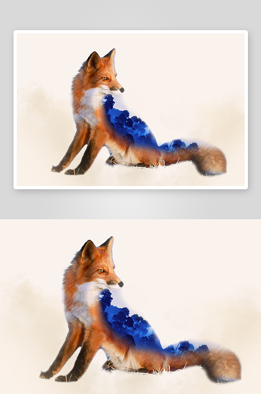 狐狸与森林的梦幻融合艺术-众图网