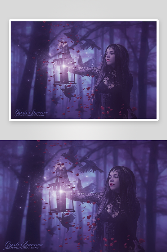 神秘女子持灯林间引鸟-众图网