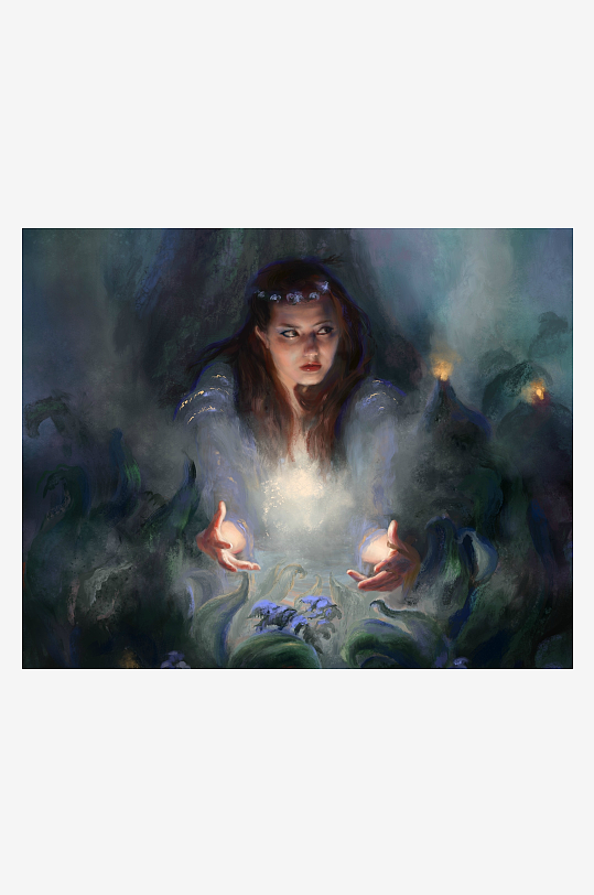 神秘女子掌心发光奇幻场景-众图网