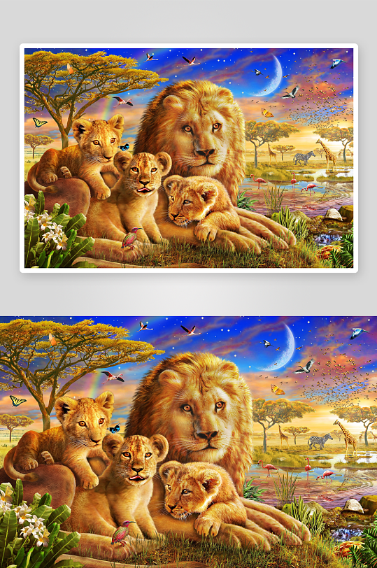 狮子一家夜空下的草原景象-众图网