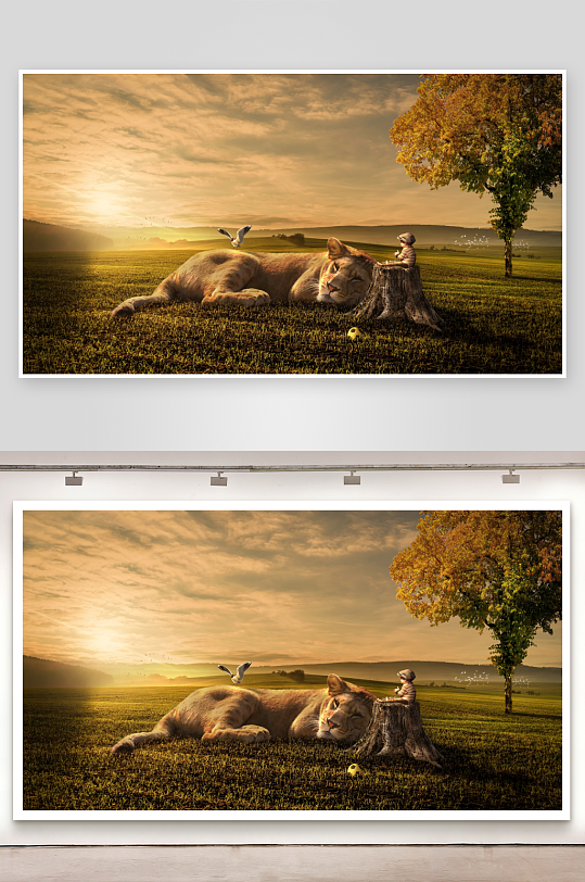 狮子与孩童共处的梦幻田园-众图网