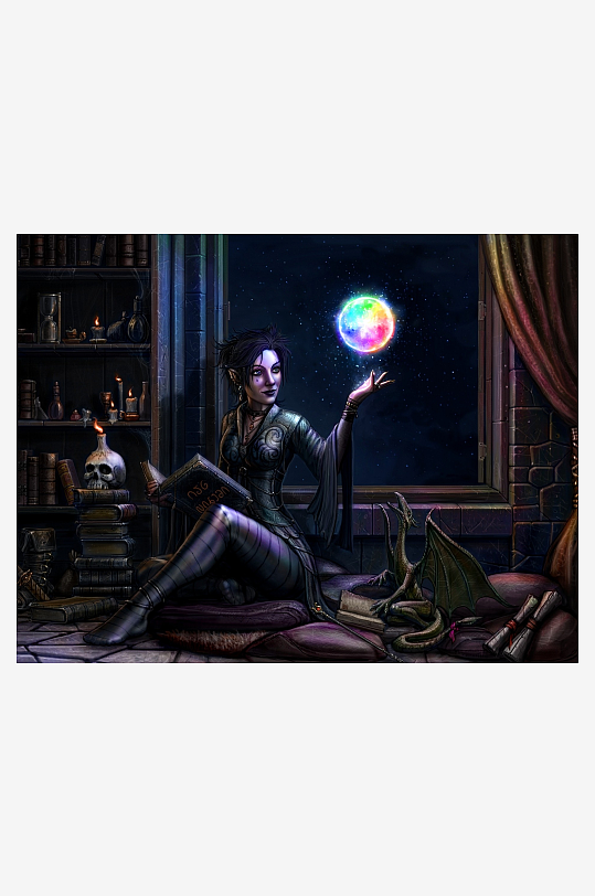 神秘女子窗边施法阅读魔法书-众图网