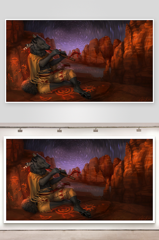 狼人吹笛夜景岩画-众图网