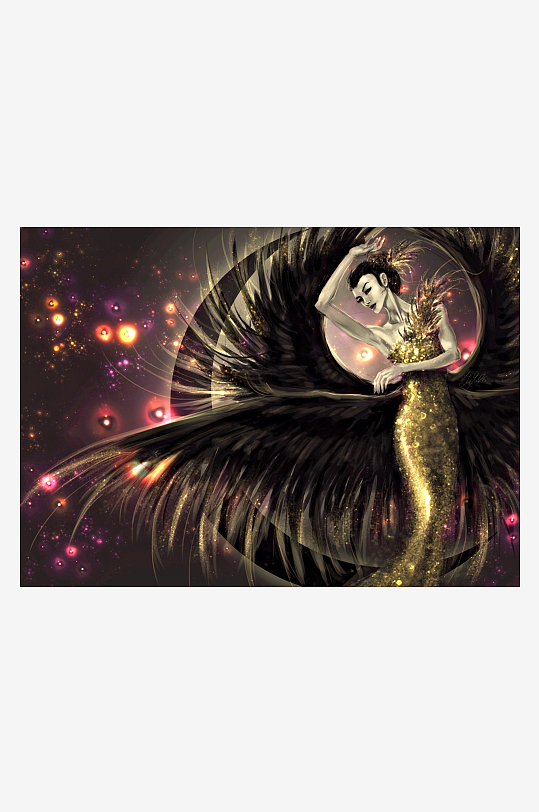 神秘女子身披羽翼的艺术插画-众图网
